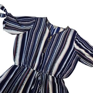 J For Justify Dress Short Elastic Waist Blue STRIPED Zip Tassels Size Large‎